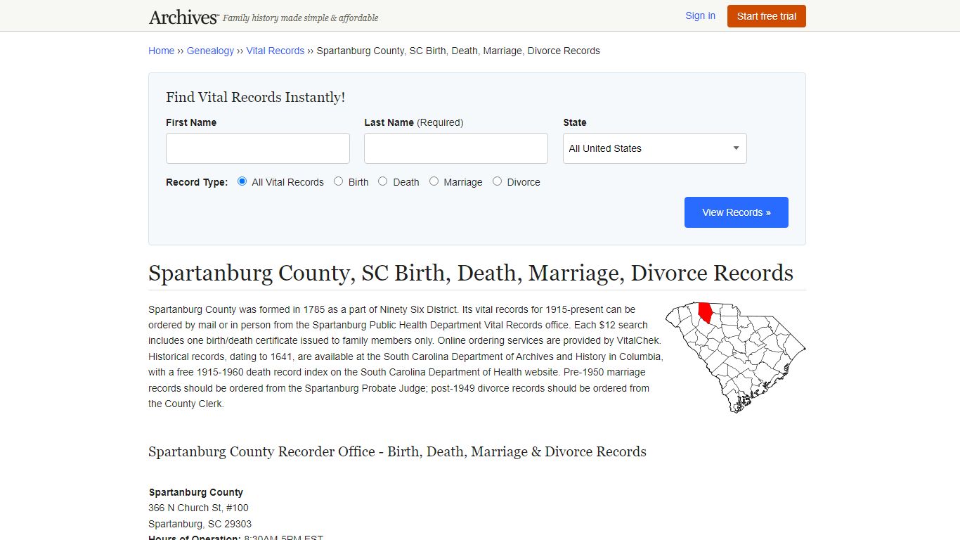 Spartanburg County, SC Birth, Death, Marriage, Divorce Records