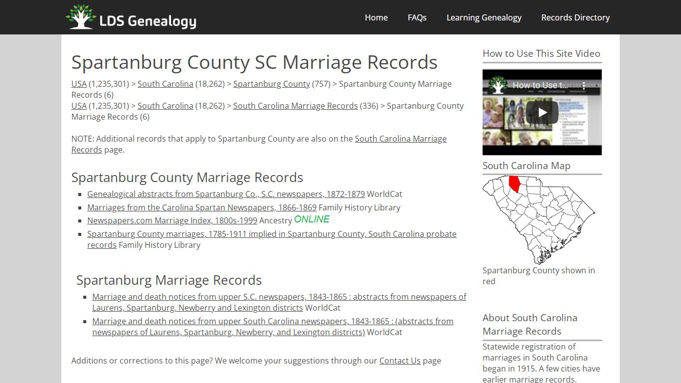 Spartanburg County SC Marriage Records - LDS Genealogy
